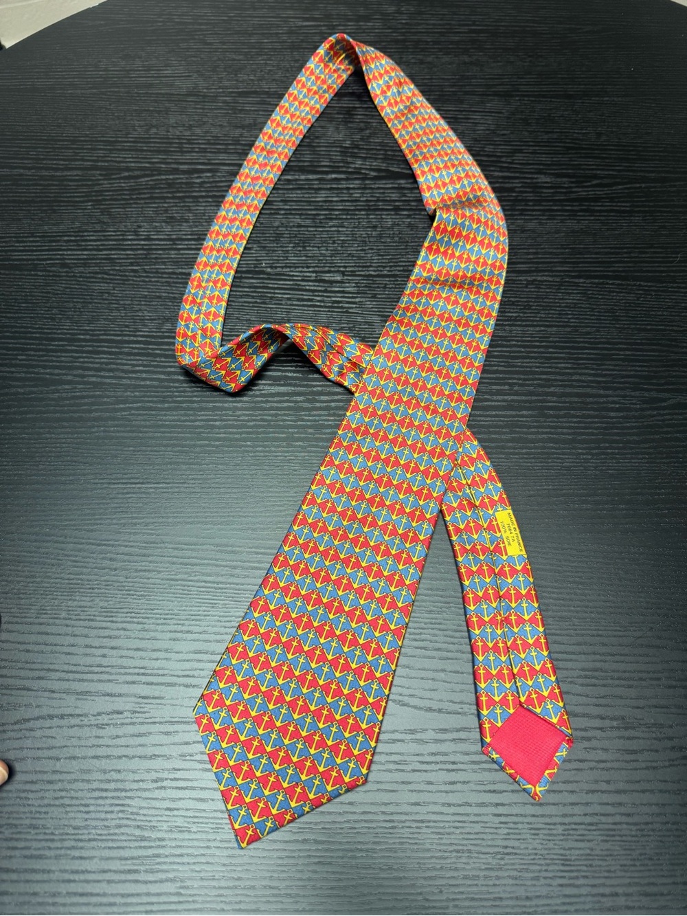 Hermes Silk Tie with Red, Blue & Yellow Geometric Motif
